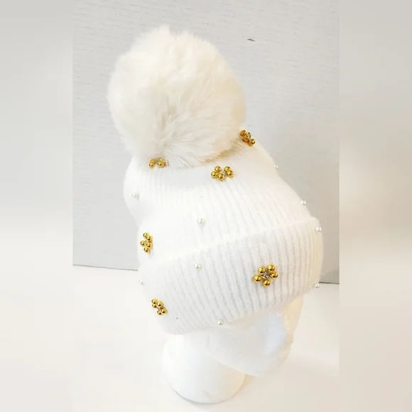 INC Ivory Faux Fur Pom & Pearl Beanie Hat One Size Fit All - Picture 5 of 5